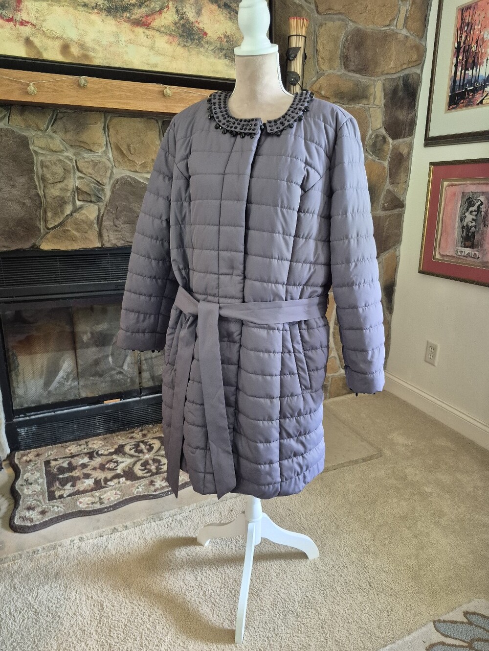 NWOT Dennis By Dennis Basso Gray Beaded Collar Belted Puffer Coat Size XL